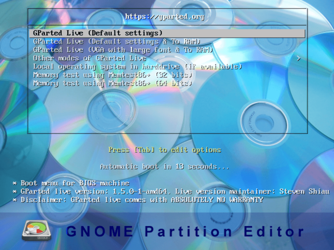 A screenshot of the 'GParted Live' DVD boot menu